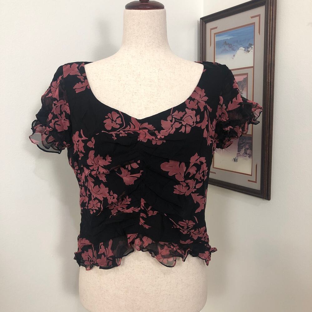 Y2K David Warren Silk Chiffon Ruffle Top Black Pink Floral Fairy Grunge Medium